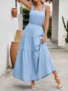 Women's Fashion Front-Open Elegant Solid Color Waisted Long Dress - Light Wash - View 5