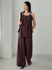 FRIFUL 女士两件套休闲无袖背心和阔腿裤套装，夏季度假 - 咖啡棕 - 查看 3