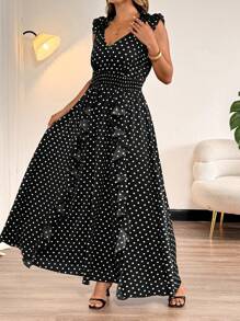 SHEIN Clasi Plus Size Retro Polka Dot Ruffle Trim V-Neck Sleeveless Dress For Women, Summer - Black - View 5