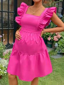 SHEIN Maternity Nursing Dress Feeding Dress Romantic Summer Vacation Maternity Square Neck Ruffle Trim Ruffle Hem Dress - Hot Pink - View 5