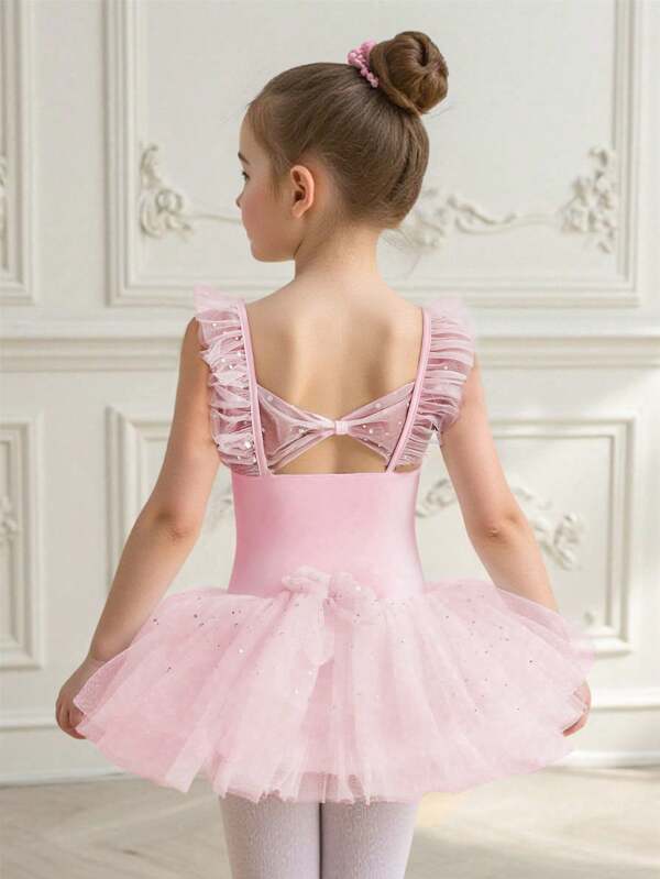 SHEIN Young Girls' White Sleeveless Lace Cap Sleeve Ballet Leotard Dress, Summer Dance Wear