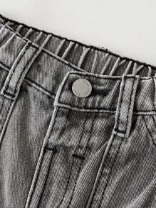 SHEIN Baby Boys' Stonewashed Retro Cargo Pocket Split Design Loose Fit Blue Denim Jeans,Casual And Versatile For Baby Boys Indoor/Outdoor Fall/Winter Clothes - Light Grey - View 3