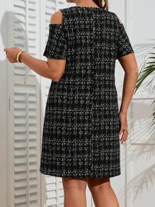 EMERY ROSE 大码女式格子露肩短袖休闲连衣裙，夏季 - 黑色 - 查看 2