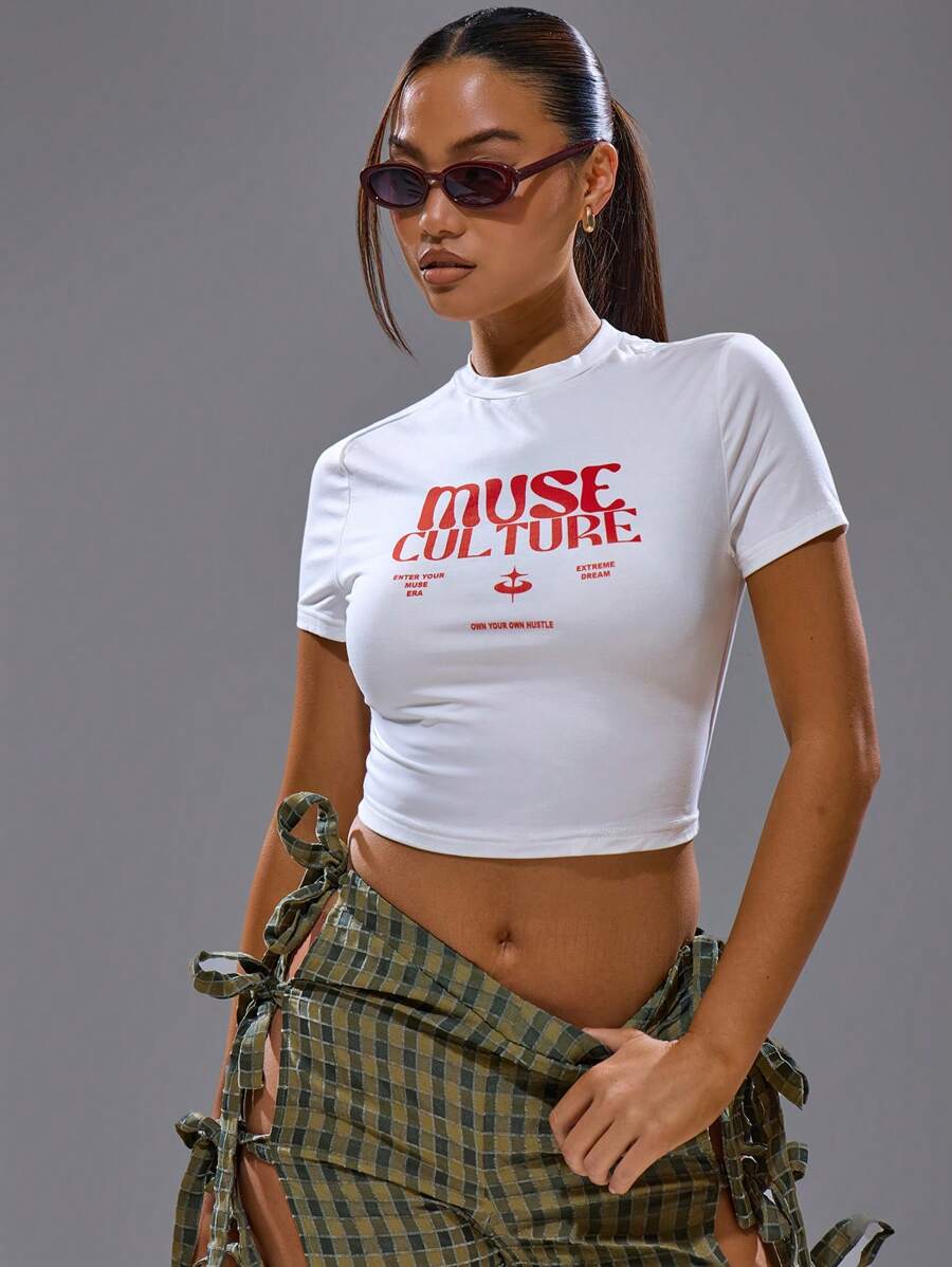 MUSERA Crew Neck Graphic Print Crop Tee Summer Spring Streetwear Y2K Cool Girl Cute City Muse Fall Back To School
