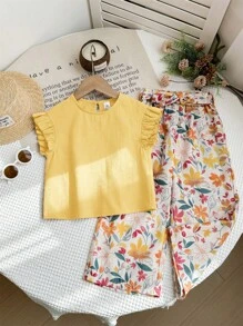 LMoss Kids 2 Stücke Baby Mädchen Set aus gewebtem einfarbiges gerüschtem Top und lässiger Hose mit kleinen Blumen Muster