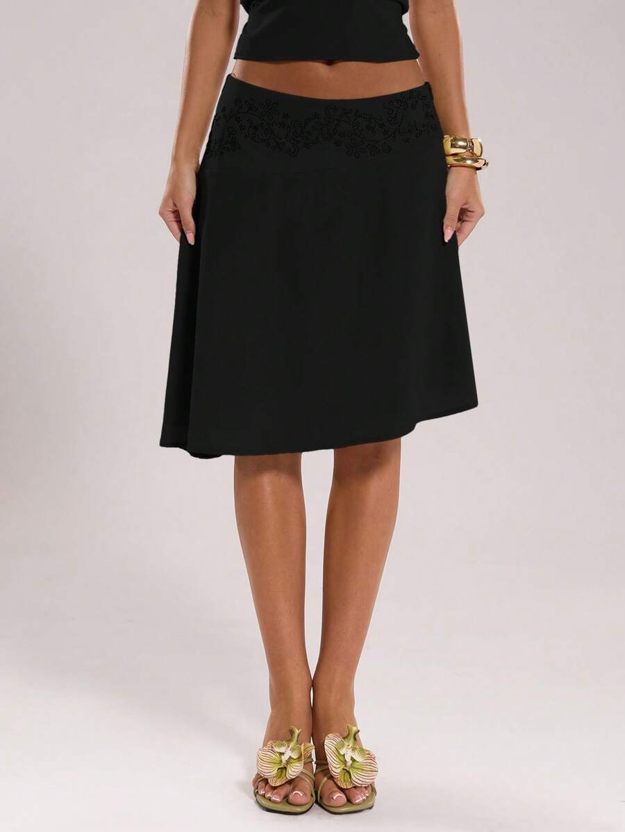 SHEIN BAE BAE 女士优雅水钻不对称下摆黑色半身裙，适合夏季、旅行、沙滩玩耍