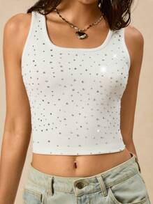 Easelle Top de punto blanco, simple y versátil, top de diamante blanco simple de verano - Blanco - Ver 7