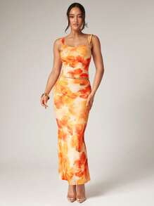 Silquee 2pcs Women's Elegant Summer Beach Vacation Yellow Tie-Dye Floral Print Pleated Mesh Top And Fishtail Skirt Two-Piece Set For Spring And Summer Vacation, Beach, Suitable For Romantic Date, Wedding, Night Out, Beach Vacation, Elegant Beach Vacation, Summer Sexy, Suitable For Date Night, Suitable For Vacation, Beach, Music Festival, Suitable For Spring And Summer, Suitable For Daily Date, Night Out, Party, Gathering - Multicolor - View 3