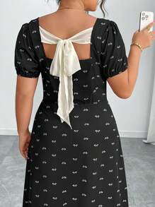 Elenzga Plus Size Women's Elegant Black And White Printed Midi Dress,Loose Comfortable Summer Outfit,Versatile For Tea Party,Gathering,Chinese Style,Vacation - Black - View 3