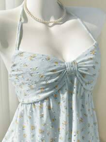 Elamini Yellow Ditsy Floral Hollow V-Neck Backless Camisole Top Sexy & Sweet, Suitable For Spring & Summer - Baby Blue - View 3