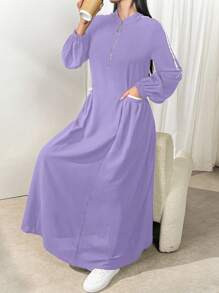 Al Najma Women's Zipper Long Sleeve Fashion Pockets Gentle & Elegant Arabian Style Dress, Casual Sporty For Casual Daily/Work/Back To School, Maxi Length Arabian Dresses