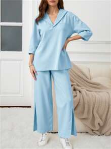 Women's New Casual Loose Lapel Blue Shirt Top And Pants 2 Pieces Set, Spring/Summer Daily Wear Mommy And Me Matching Outfits (3 Sets Sold Separately), Modest