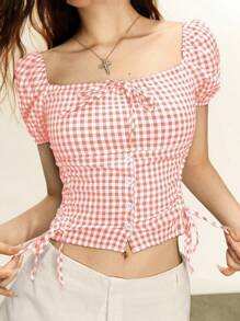 Rina Fox Plaid Print Square Neck Casual Bowknot Short Sleeve Blouse - Baby Pink - View 5