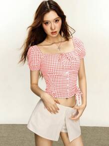 Rina Fox Plaid Print Square Neck Casual Bowknot Short Sleeve Blouse - Baby Pink - View 6