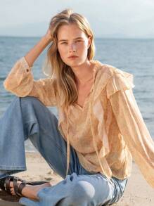 Lumivelle Blusa de Chiffon Transparente com Babados e Gola de Laço, Estilo Primavera/Verão, Estilo Férias - Laranja - Visão 1