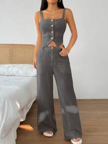 SHEIN EZwear 2 件套女士简约灰色方领纽扣吊带背心和宽松阔腿裤套装 - 灰色 - 查看 5