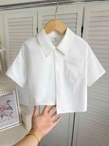 Tween Girl Casual Fashionable Street Turndown Collar Asymmetric Pocket Short White Utility Shirt, Girls Crop Top, Tween Girl White Shirt, Girls White Button Down Shirt, Tween Girl Outfits,Back To School, Summer Tops,Tween Girl Clothes,Babydoll Top,White Top,White Shirt - White - View 3