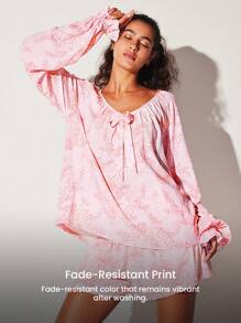 LUVLETTE 柔软人造丝度假风花卉图案灯笼褶边长袖上衣和短裤家居服透气睡衣套装带口袋裤子新娘内衣，平角裤套装，春夏配套套装婚礼用品 - 粉色 - 查看 11