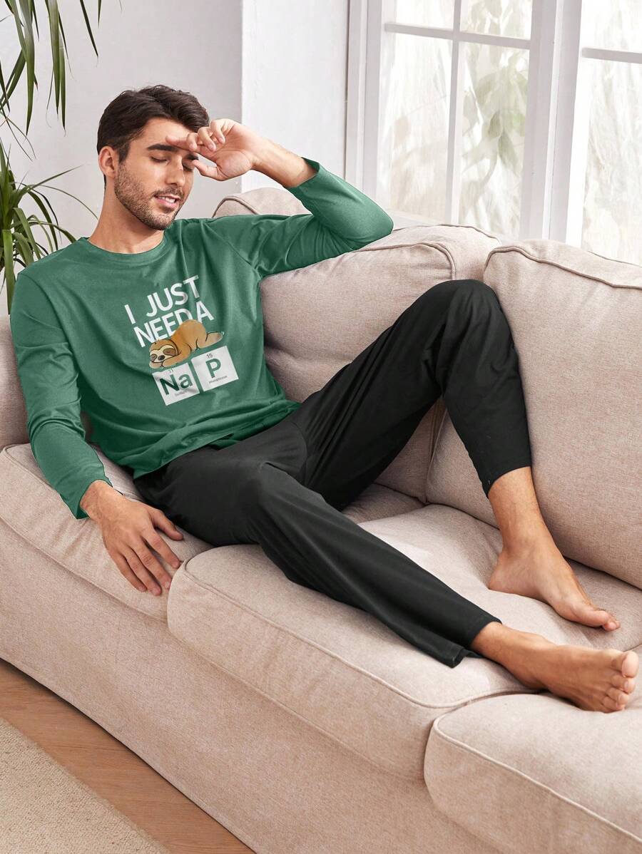 RueChic 棉质男士字母印花常规长袖 T 恤家居服套装 - 墨綠色 - 查看 1