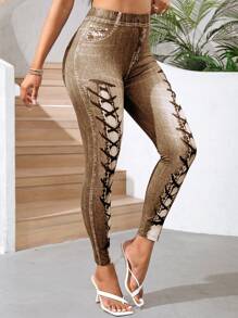 SHEIN Lady Leggings casuales con cordones y patrón de ojales para mujer - Marrón - Ver 6