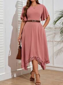 EMERY ROSE Vestido de manga corta con escote de encaje para mujer de talla grande, unicolor elegante