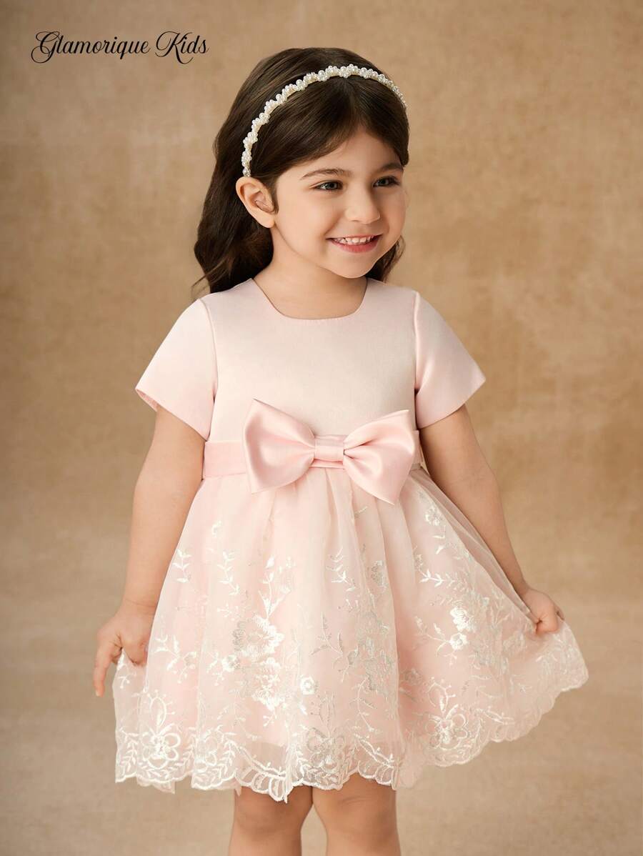 SHEIN Glamorique Kids Baby Girls' Pink Short Sleeve Satin Tulle Dress With Embroidery Bowknot, Elegant Flower Girl Party Dress For Wedding, Birthday - Pink - View 1