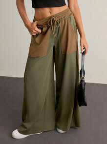 SHEIN Tall Women's Contrast Color Elastic Waist Drawstring Cargo Style Loose Pants, Summer - Multicolor - View 6
