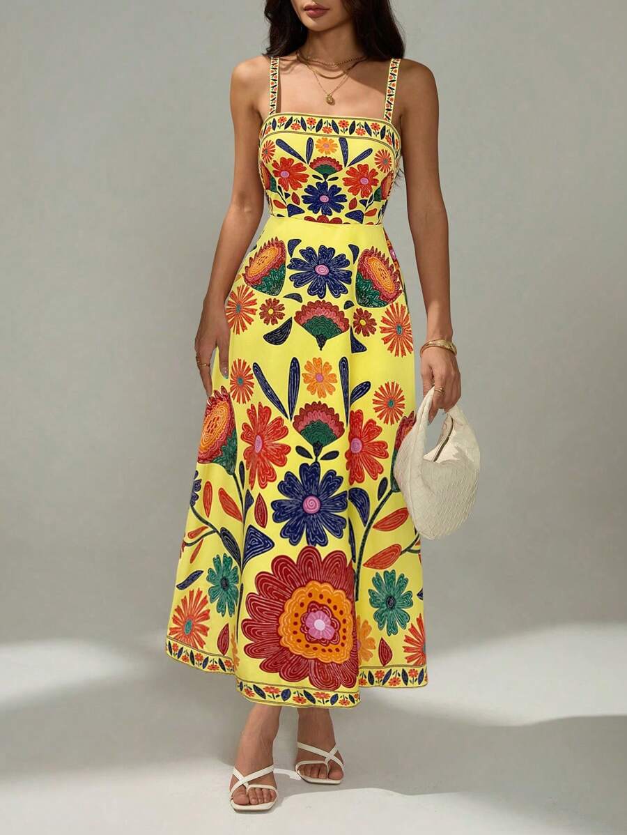 SHEIN PETITE 女式无袖收腰A字型花卉印花度假休闲连衣裙，春夏 - 黃色 - 查看 1