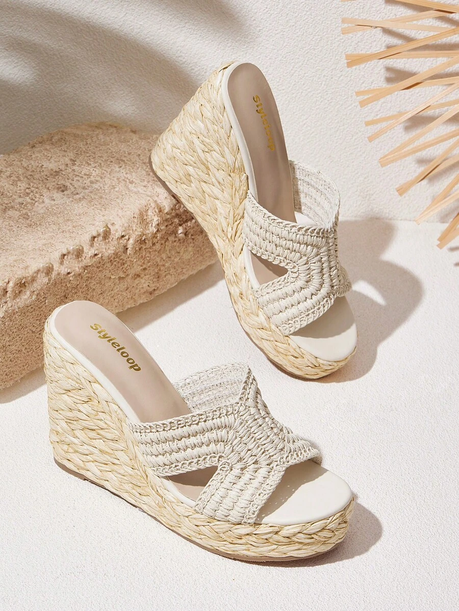 Styleloop 女士编织绳厚底坡跟凉鞋，度假风格波西米亚风复古美式西部音乐节派对厚底鞋 - 米色 - 查看 1
