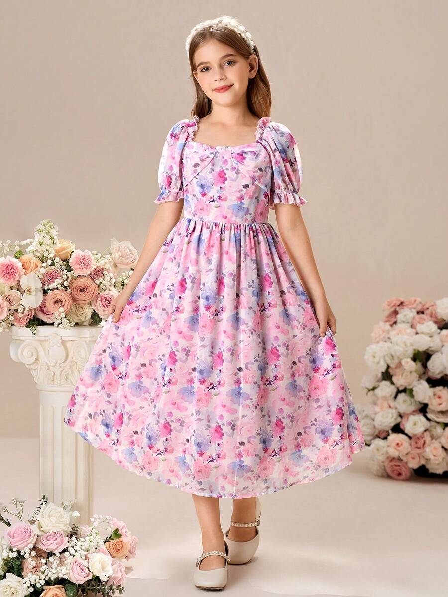Robe ajustée à col carré et manches bouffantes à fleurs marguerite pour préadolescentes