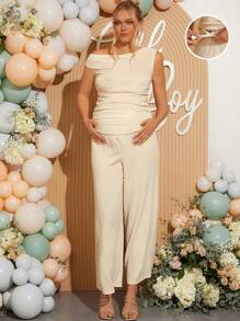 Loomaby Summer Elegant Maternity Set,Solid Color Asymmetrical-Shoulder Pleated Top And Pants 2 Pieces Outfit,Babyshower Gender Reveal Birthday Club Outfits - Khaki - View 1