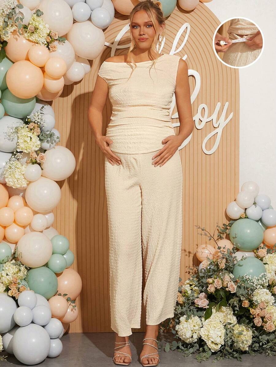 Loomaby Summer Elegant Maternity Set,Solid Color Asymmetrical-Shoulder Pleated Top And Pants 2 Pieces Outfit,Babyshower Gender Reveal Birthday Club Outfits - Khaki - View 1