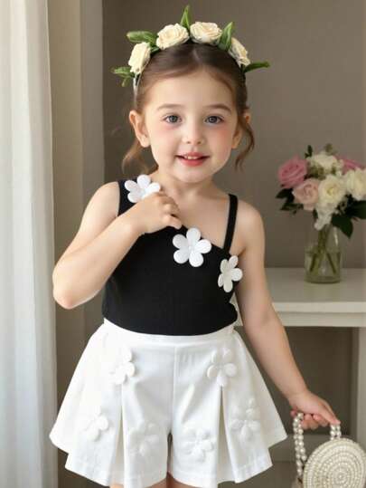SHEIN Elladie kids Ținută decorativă cu flori drăguțe pentru nou-născuți, set de 2 buc vestă și pantaloni scurți cu bretele spaghete