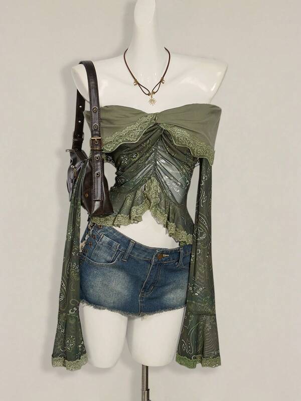 SHEIN ICON Blusa de manga larga con encaje, cuello abotonado, volantes y puños acampanados, estampado vintage de paisley verde, diseño con abertura en los hombros y recogido delantero