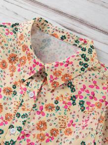 SHEIN LUNE 大码女式碎花度假短款泡泡袖单排扣衬衫