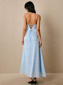 Poéselle 女士细肩带露背提花 A 字形吊带连衣裙 - 藍色 - 查看 3