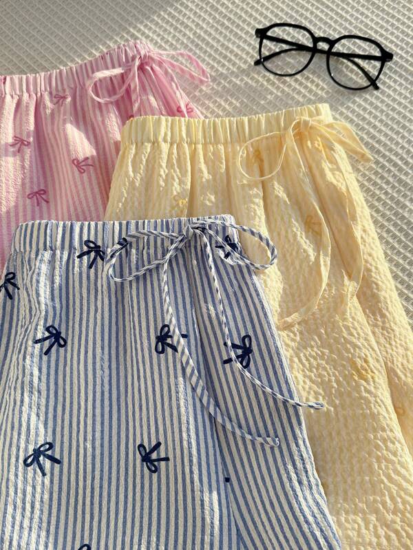 Comfortcana Set de 3 pantalones cortos de verano informales a rayas con lazo, tallas grandes, color rosa/azul/amarillo, para club, aeropuerto, maestras, vacaciones, playa, de seersucker para mujer