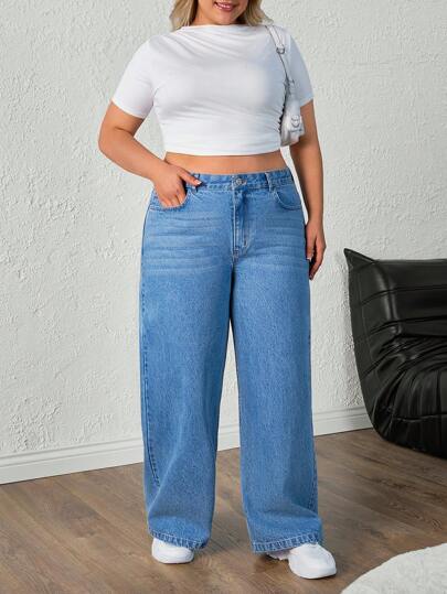 EURMUSE Plus Size Casual Vintage Wash High Waist Straight Leg Jeans Women S Clothes Women Summer Clothing Woman S Summer Clothes Women S Bottoms