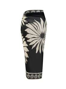 Swim Oasis 2pcs Plus Size Women High-End Oasis Black Camisole One Piece Swimsuit With Adjustable Straps & Printed Maxi Skirt, Summer Beach Resort Outfit,Modest Swimwear - Black - View 6