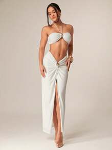 Silquee Summer Elegant Off-White Vacation Holiday Women 2 Pieces Set Solid Short Tank Shell Metallic Decoration Slim Fit Maxi Skirt Party Night Out - White - View 5