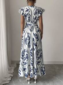 Selianne 新款女式 V 领编织蝴蝶印花收腰前褶饰不对称下摆优雅修身喇叭裙 - 彩色 - 查看 2