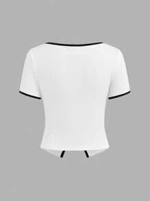 SHEIN Áo thun tay ngắn cổ tròn đính nút kim loại và nơ sequin cho bé gái tuổi mới lớn, phù hợp cho kỳ nghỉ hè - trắng - Xem 2