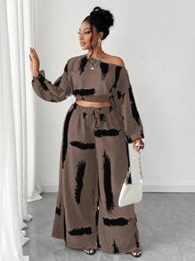 Maweii Plus Size Fashion Print Asymmetric Collar Long Sleeve 2 Pieces Set - Brown - View 3