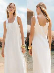 Lumivelle Vestido de suéter jeans feminino sem mangas, cor sólida, vestido camisola, moderno para o verão - Branco - Ver 1