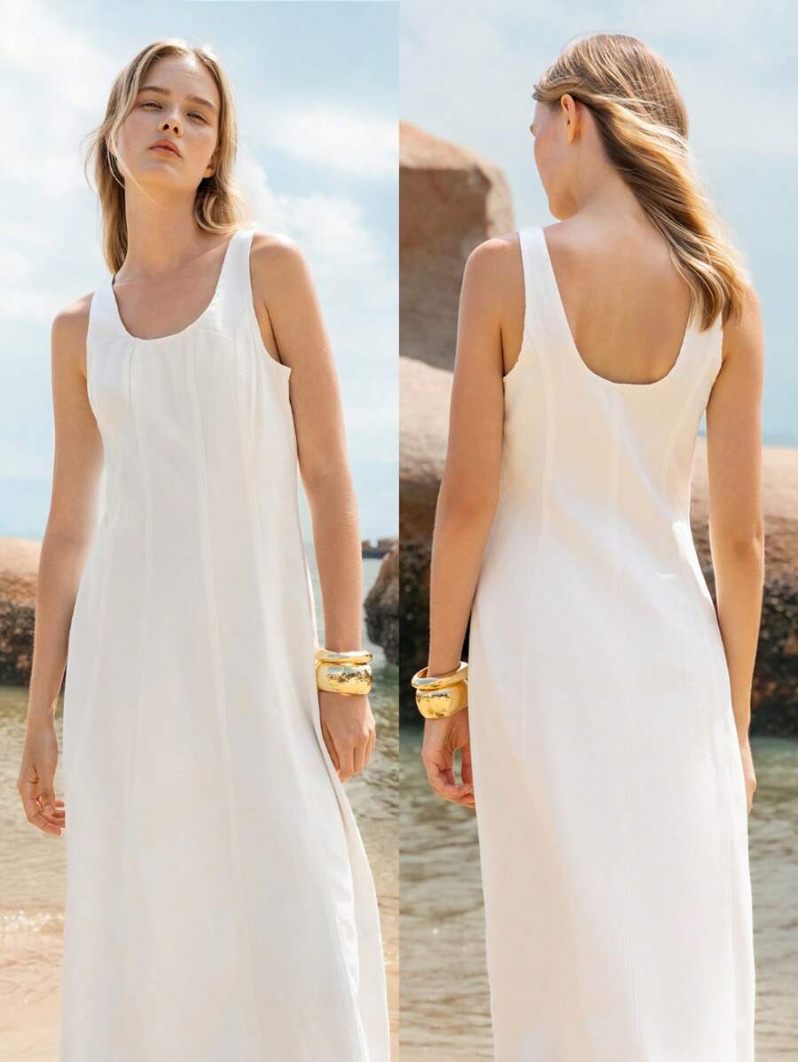 Lumivelle Vestido de suéter jeans feminino sem mangas, cor sólida, vestido camisola, moderno para o verão - Branco - Ver 1