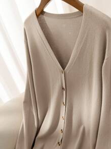 CosyJoli Áo len cardigan màu trơn thường ngày cho nữ cỡ lớn - Màu be - Xem 3
