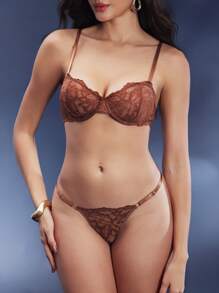 SHEIN Bộ đồ lót ren màu trơn gợi cảm 2 món (kèm áo ngực có gọng và quần lọt khe) - màu nâu - Xem 6