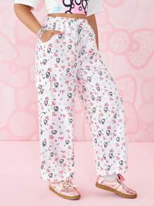 HELLO KITTY AND FRIENDS | SHEIN Plus Size Women Summer Y2K Clean-Fit Casual Rave Festival Vacation Retro Vintage Cartoon Casual Cute Funny Loose Fit White Pink Cartoon Floral Pattern Drawstring Waist Slant Pocket Cargo Pants - White - View 3