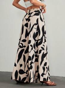 SHEIN PETITE 女款度假植物印花束带阔腿裤 - 黑色 - 查看 2