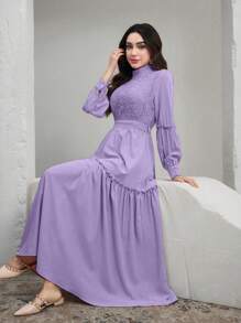 Graceveil Women's Solid Color Lace Splicing Stand Collar Long Sleeve Elegant Dress